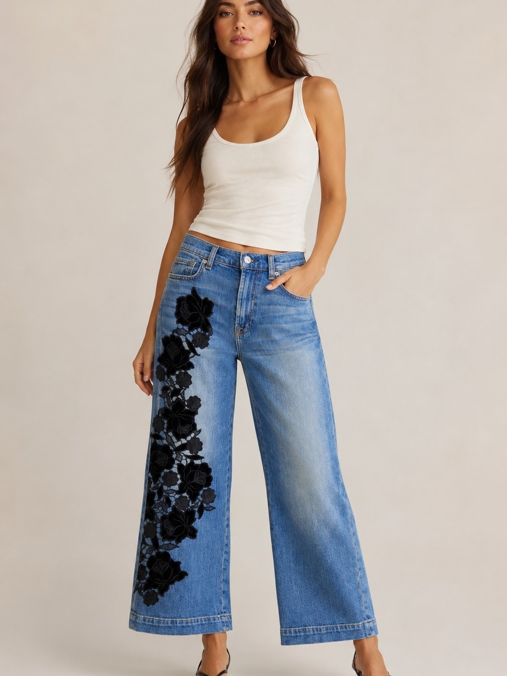 7 For All Mankind Blue Wide-Leg Jeans with Black Floral Embroidery